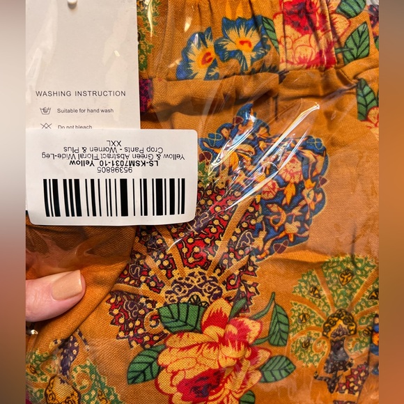 XXL PANTALÓN tulip hem yellow & green abstract floral elastic waist crop pants - Picture 6 of 8